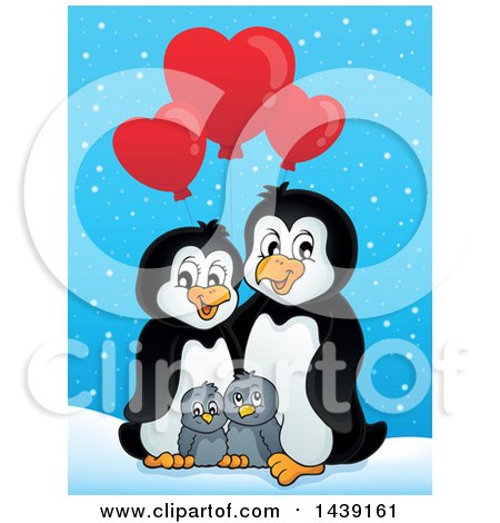 Clipart of a Penguin Family with Valentine Heart Shaped Balloons - Royalty Free Vector Illustration by visekart