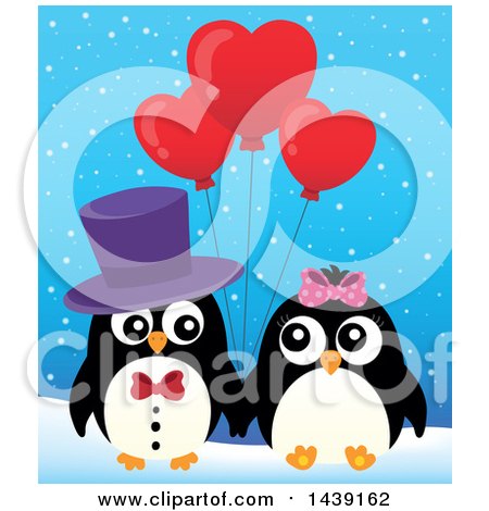 Clipart of a Penguin Couple with Valentine Heart Balloons in the Snow - Royalty Free Vector Illustration by visekart
