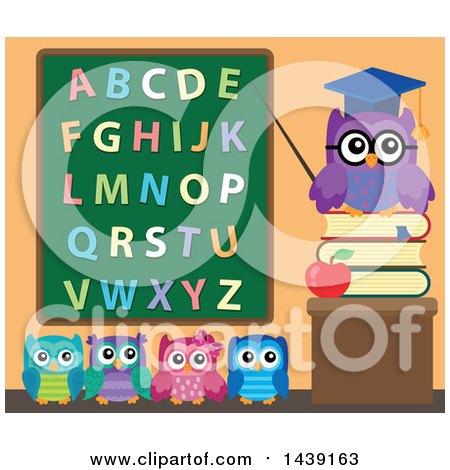 Clipart of a Professor Owl and Students in a Class Room, Pointing to an Alphabet Chalkboard - Royalty Free Vector Illustration by visekart