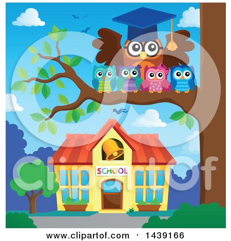Clipart of a Professor Owl and Students on a Tree Branch near a School House - Royalty Free Vector Illustration by visekart