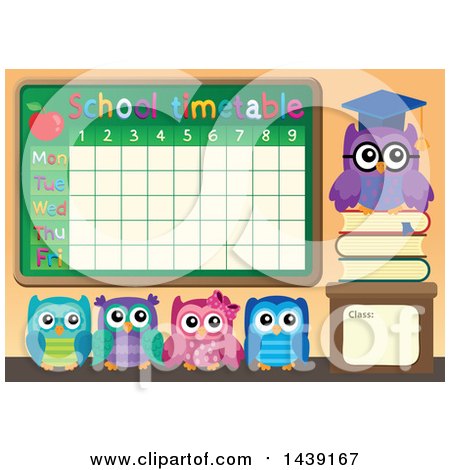 Clipart of a Professor Owl and Students by a School Timetable - Royalty Free Vector Illustration by visekart