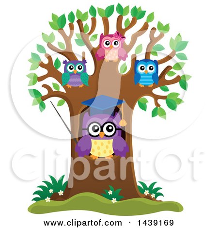Clipart of a Professor Owl and Students in a Tree with Spring Leaves - Royalty Free Vector Illustration by visekart