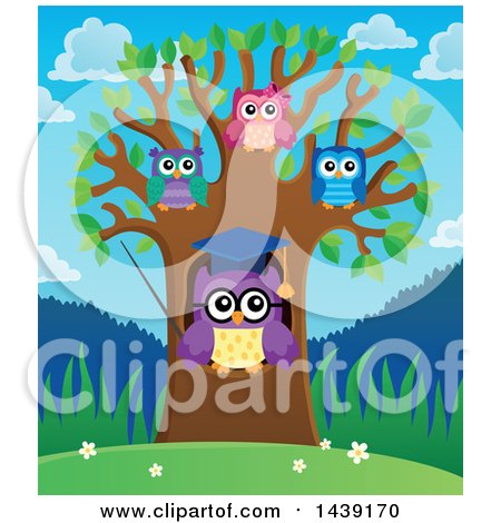 Clipart of a Professor Owl and Students in a Tree on a Spring Day - Royalty Free Vector Illustration by visekart