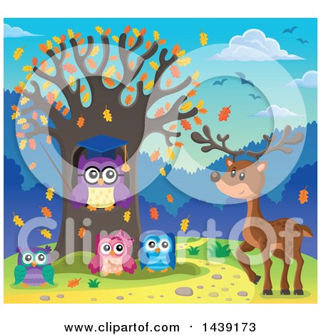 Clipart of a Deer by a Professor Owl and Students in a Tree with Autumn Leaves - Royalty Free Vector Illustration by visekart