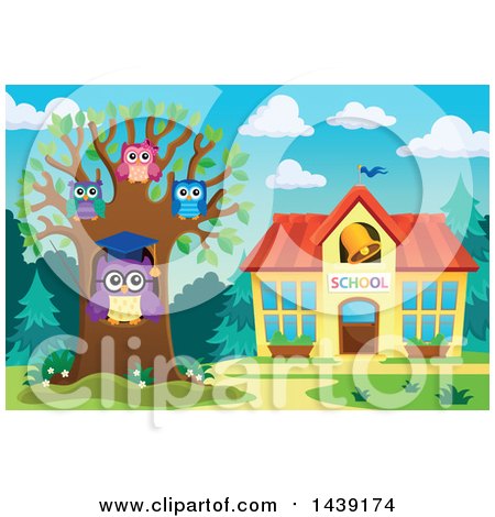 Clipart of a Professor Owl and Students in a Tree with Spring Leaves by a School - Royalty Free Vector Illustration by visekart