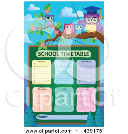 Clipart of a Professor Owl and Students on a Branch over a School Timetable - Royalty Free Vector Illustration by visekart