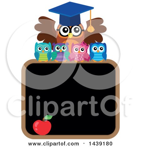 Clipart of a Professor Owl and Students over a Black Board - Royalty Free Vector Illustration by visekart