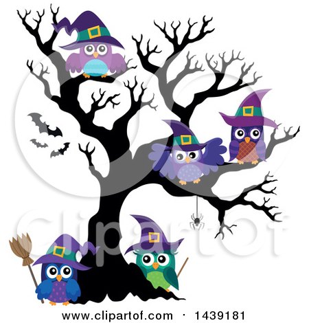 Clipart of a Group of Witch Owls in a Bare Tree - Royalty Free Vector Illustration by visekart