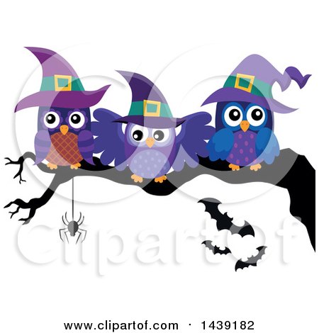 Clipart of a Group of Witch Owls on a Tree Branch - Royalty Free Vector Illustration by visekart