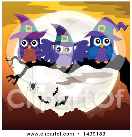 Clipart of a Group of Witch Owls on a Tree Branch Against a Full Moon - Royalty Free Vector Illustration by visekart