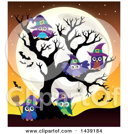 Clipart of a Group of Witch Owls in a Bare Tree, Against a Full Moon - Royalty Free Vector Illustration by visekart