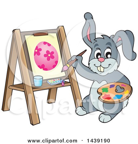 Clipart of a Happy Gray Easter Bunny Rabbit Painting an Egg on Canvas - Royalty Free Vector Illustration by visekart