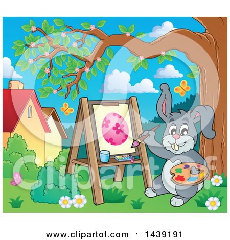 Clipart of a Happy Gray Easter Bunny Rabbit Painting an Egg on Canvas - Royalty Free Vector Illustration by visekart