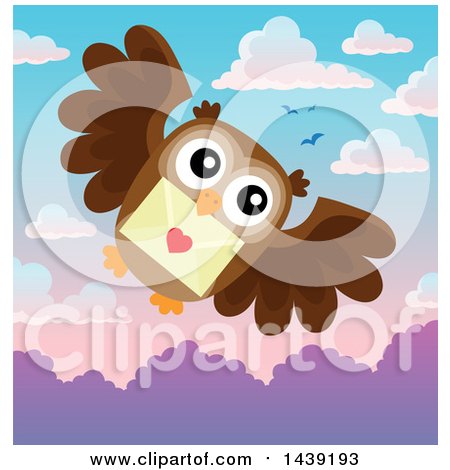 Clipart of a Valentine Owl Flying with a Love Letter Against a Dawn or Sunset Sky - Royalty Free Vector Illustration by visekart