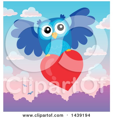 Clipart of a Valentine Owl Flying with a Love Heart over a Sunrise or Sunset Sky - Royalty Free Vector Illustration by visekart