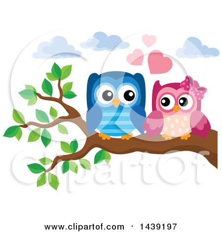 Clipart of a Valentine Owl Couple on a Branch - Royalty Free Vector Illustration by visekart
