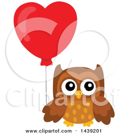 Clipart of a Brown Valentine Owl Holding a Heart Balloon - Royalty Free Vector Illustration by visekart