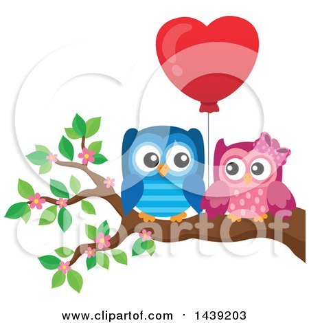 Clipart of a Valentine Owl Couple with a Heart Balloon on a Branch - Royalty Free Vector Illustration by visekart