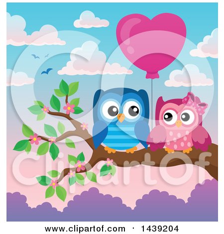 Clipart of a Valentine Owl Couple with a Heart Balloon on a Branch, over a Sunrise or Sunset Sky - Royalty Free Vector Illustration by visekart