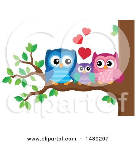 Clipart of a Cute Owl Family Cuddling on a Tree Branch - Royalty Free Vector Illustration by visekart