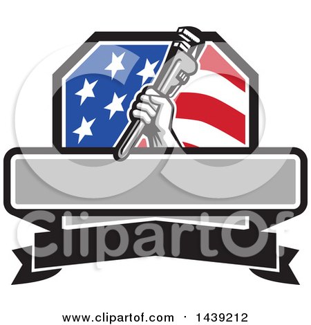 Clipart of a Retro Plumber Hand Holding a Pipe Monkey Wrench in an American Crest, over a Banner with Text Space - Royalty Free Vector Illustration by patrimonio