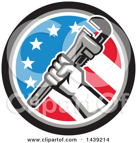 Clipart of a Retro Plumber Hand Holding a Pipe Monkey Wrench in an American Circle - Royalty Free Vector Illustration by patrimonio