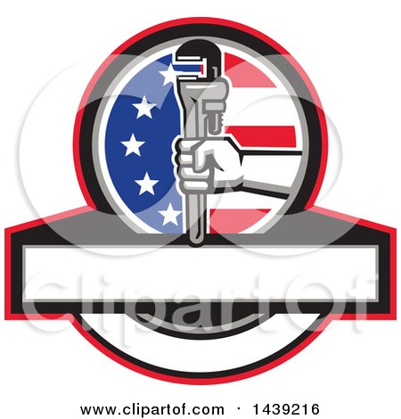 Clipart of a Retro Plumber Hand Holding a Pipe Monkey Wrench in an American Circle over a Banner with Copy Space - Royalty Free Vector Illustration by patrimonio