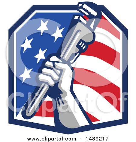 Clipart of a Retro Plumber Hand Holding a Pipe Monkey Wrench in an American Crest - Royalty Free Vector Illustration by patrimonio