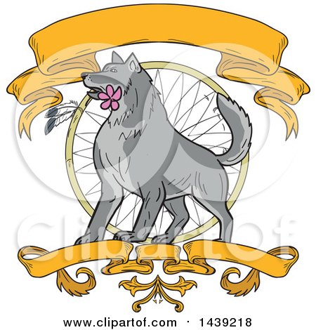 Clipart of a Sketched Timber Wolf with a Pink Plumeria Flower in His Mouth over a Dream Catcher with Banners - Royalty Free Vector Illustration by patrimonio