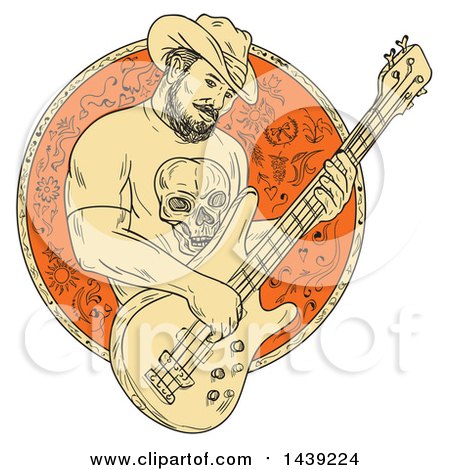 Clipart of a Sketched Bearded Cowboy Playing a Bass Guitar in a Circle - Royalty Free Vector Illustration by patrimonio
