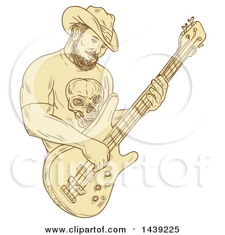 Clipart of a Sketched Bearded Cowboy Playing a Bass Guitar - Royalty Free Vector Illustration by patrimonio