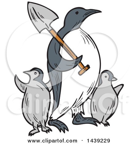Clipart of a Sketched Emperor Penguin Carrying a Shovel over His Shoulder and Walking with Chicks - Royalty Free Vector Illustration by patrimonio