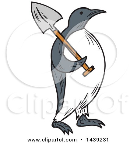 Clipart of a Sketched Emperor Penguin Carrying a Shovel over His Shoulder - Royalty Free Vector Illustration by patrimonio