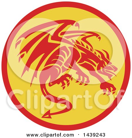 Clipart of a Retro Crouching Red Gargoyle Dragon in a Circle - Royalty Free Vector Illustration by patrimonio