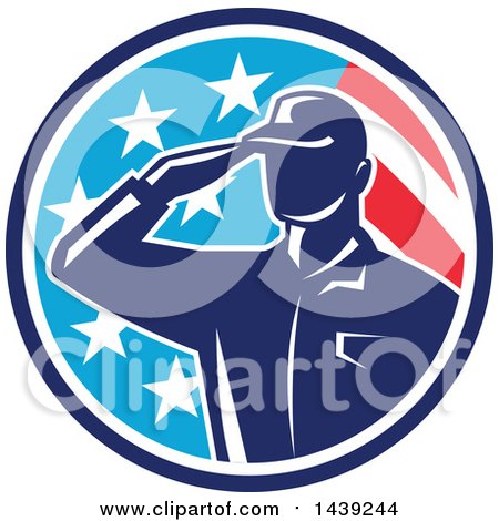 Clipart of a Retro Silhouetted Saluting American Soldier in a Flag Circle - Royalty Free Vector Illustration by patrimonio
