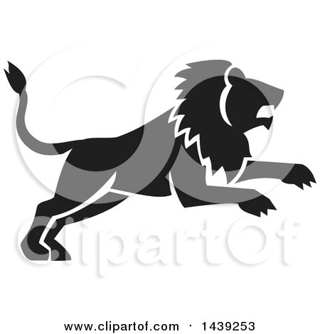 Clipart of a Black Silhouetted Leaping Male Lion - Royalty Free Vector Illustration by patrimonio