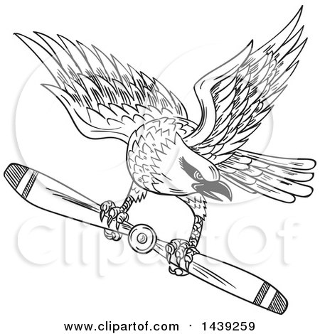 Clipart of a Sketched Black and White Shrike Bird Flying with a Propeller Blade - Royalty Free Vector Illustration by patrimonio