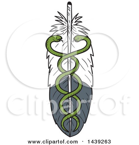 Clipart of a Sketched Eagle Feather with Caduceus Medical Snakes - Royalty Free Vector Illustration by patrimonio