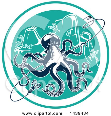 Clipart of a Navy Blue Octopus with a Hook in a Circle - Royalty Free Vector Illustration by Vector Tradition SM