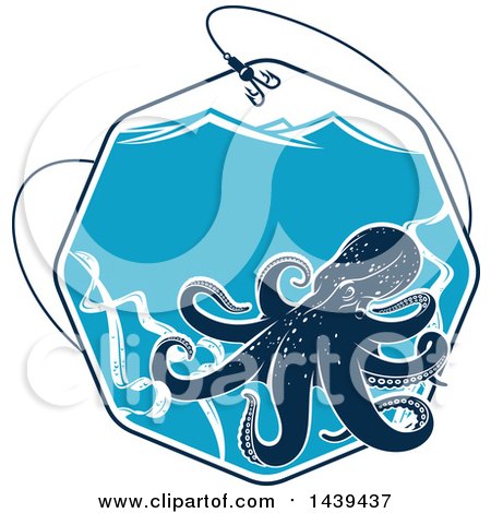 Clipart of a Navy Blue Octopus in an Octagon of Water, with a Fishing Hook and Waves - Royalty Free Vector Illustration by Vector Tradition SM