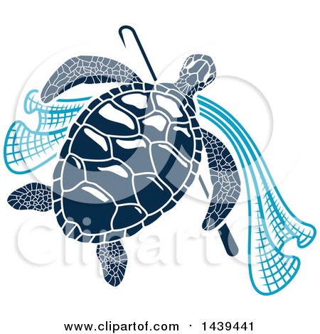 Clipart of a Navy Blue Sea Turtle with a Hook and Net - Royalty Free Vector Illustration by Vector Tradition SM
