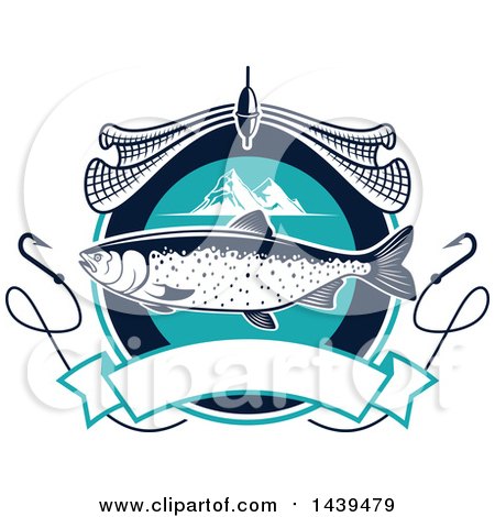 Clipart of a Salmon with a Net, Mountains and Hooks - Royalty Free Vector Illustration by Vector Tradition SM
