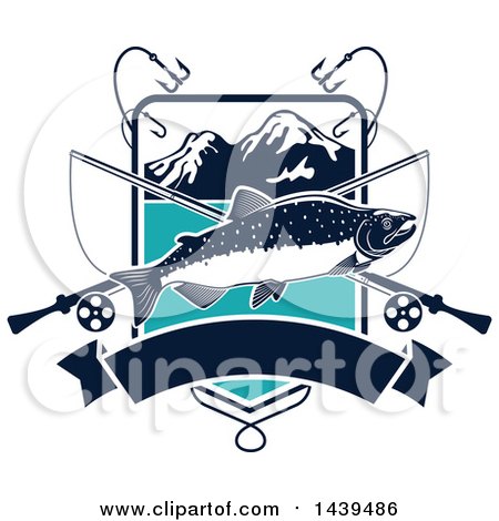 Clipart of a Salmon over Crossed Fishing Poles, with Hooks in a Mountain Shield - Royalty Free Vector Illustration by Vector Tradition SM