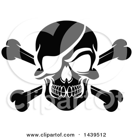 Clipart of a Black and White Pirate Skull with Crossed Bones and an Eye Patch - Royalty Free Vector Illustration by Vector Tradition SM