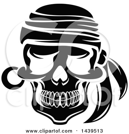 Clipart of a Black and White Pirate Skull with a Bandana - Royalty Free Vector Illustration by Vector Tradition SM