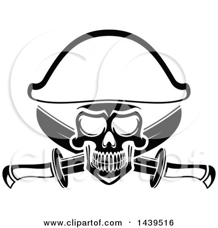 Clipart of a Black and White Captain Pirate Skull with Crossed Swords - Royalty Free Vector Illustration by Vector Tradition SM