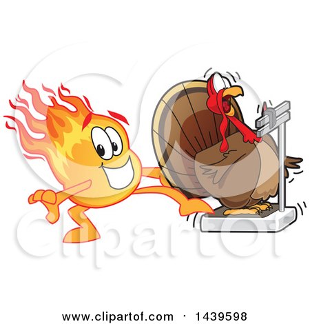Clipart of a Comet School Mascot Character Stepping on a Scale to Shock a Turkey - Royalty Free Vector Illustration by Mascot Junction