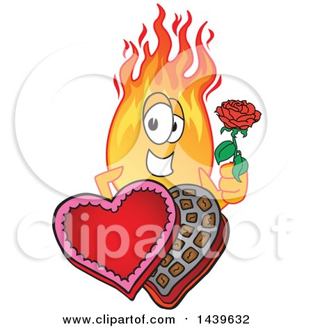 Clipart of a Comet School Mascot Character Holding a Rose over a Valentines Day Candy Box - Royalty Free Vector Illustration by Mascot Junction
