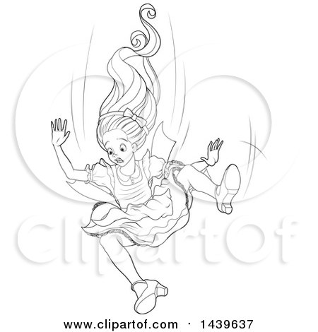 Clipart of a Black and White Lineart Falling Alice - Royalty Free Vector Illustration by Pushkin