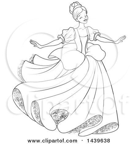Clipart of a Black and White Lineart Young Lady, Cinderella, Dancing in a Gown - Royalty Free Vector Illustration by Pushkin